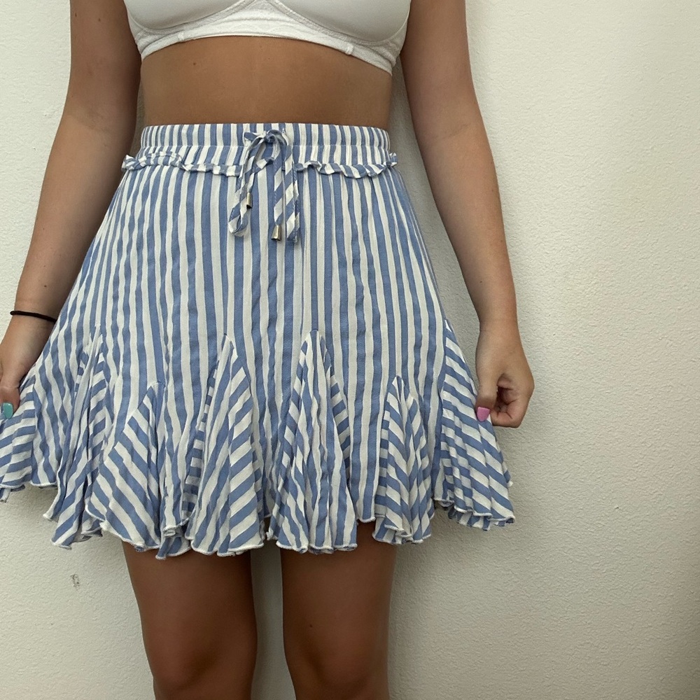 Entro Blue and White Skater Mini Skirt with Tie Front